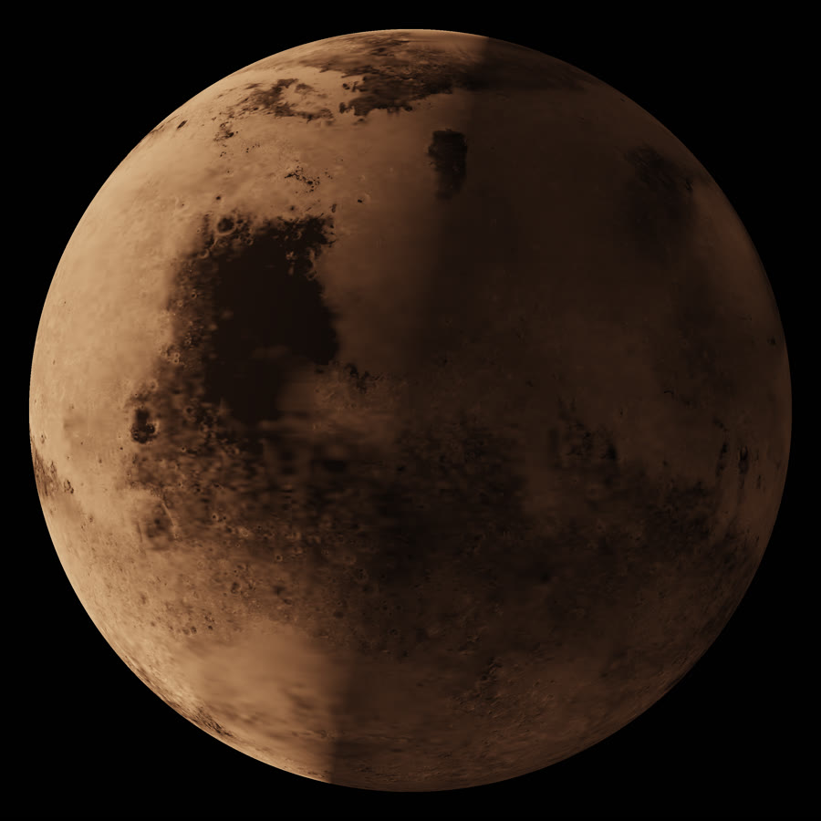 Mars rendered close, its surface drawn from elevation and albedo data